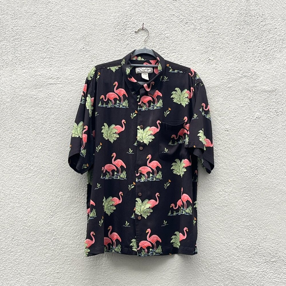 Vintage Men's 80s Beck Sport Black Rayon Hawaiian Flamingo Print Shirt Large